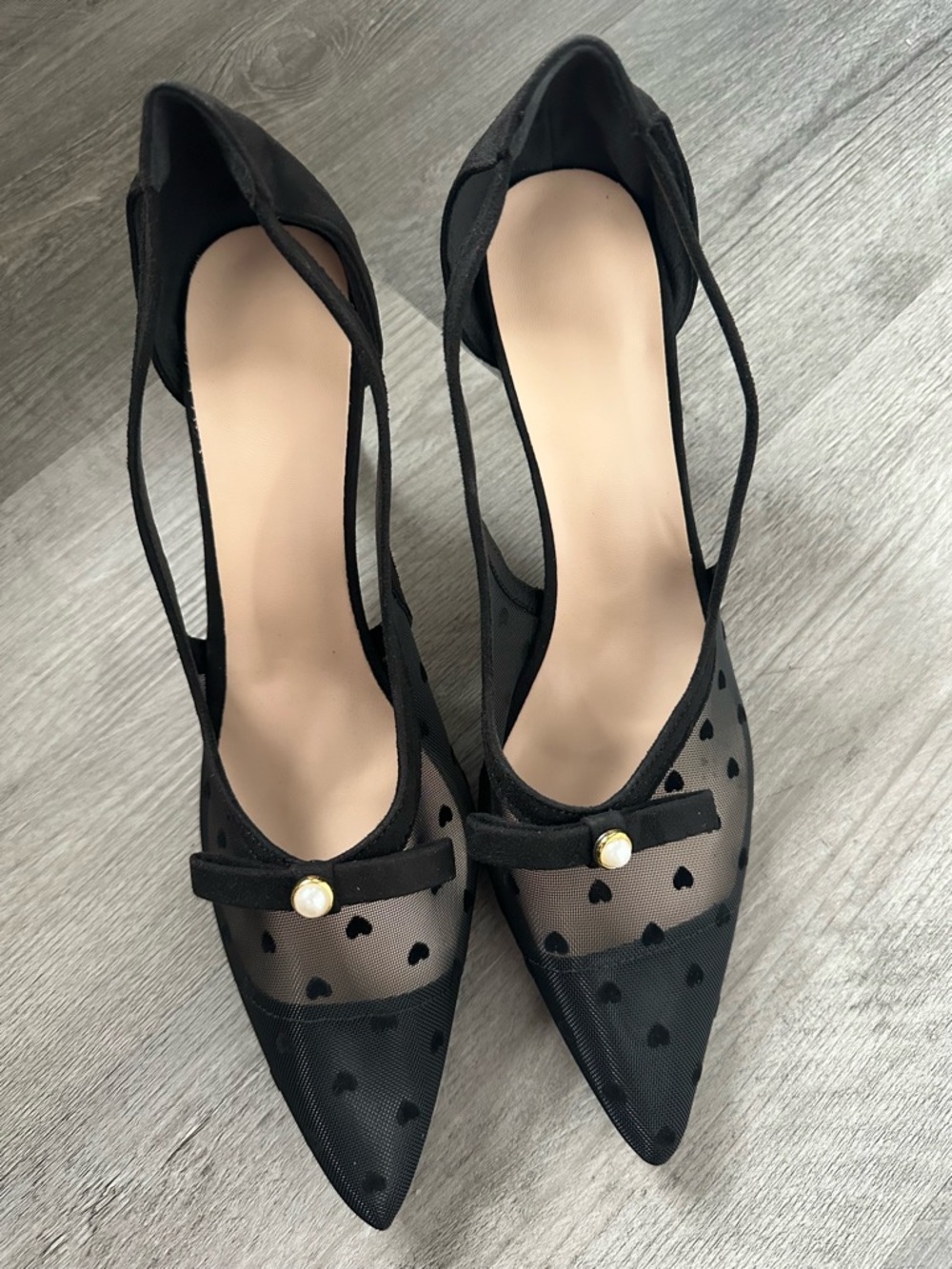 Black Mesh Heart Suede Cut-Out Pumps With Pearl Accent